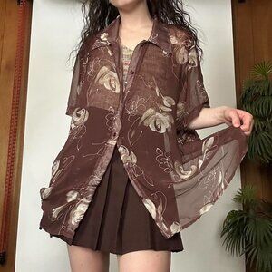 Sheer Brown Floral Buttoned Top